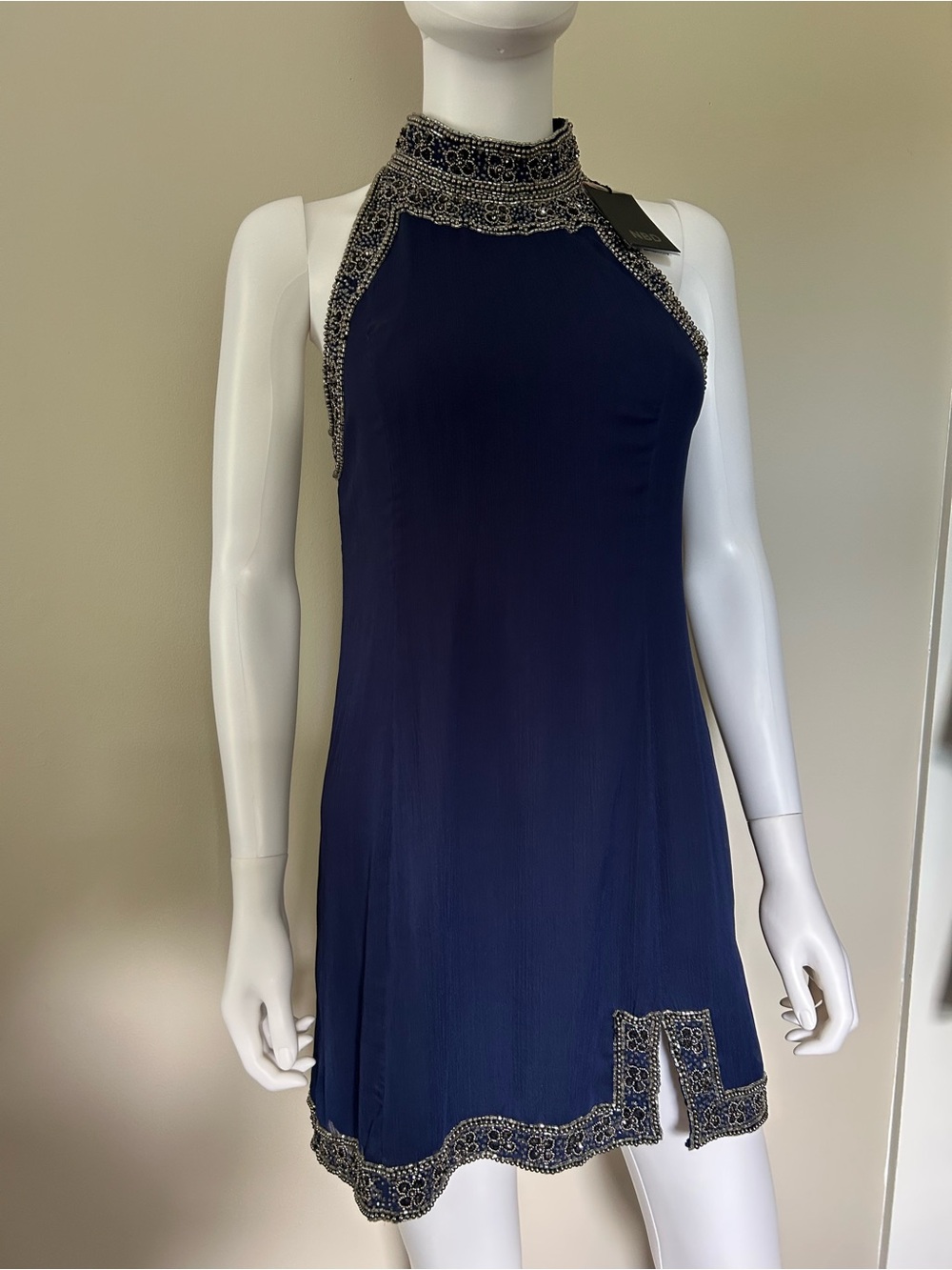 NBD Gatsby XS Navy Blue Crystal Beaded High Neck Mini Dress NWT